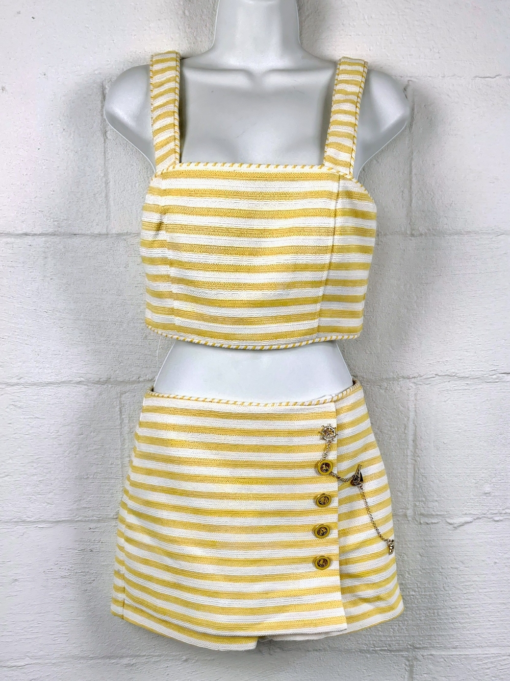 Christian Lacroix Yellow and White Striped Shorts Skort Set